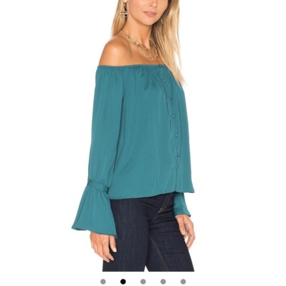 Revolve L'Academie Teal Blue off‎ shoulder button front blouse Size Medium NWT